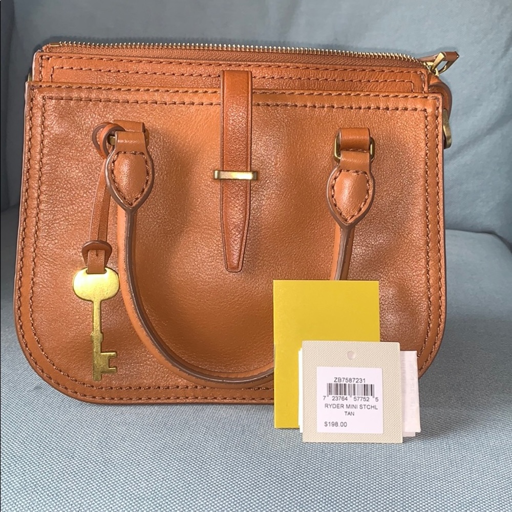 fossil ryder mini satchel tan leather purse small